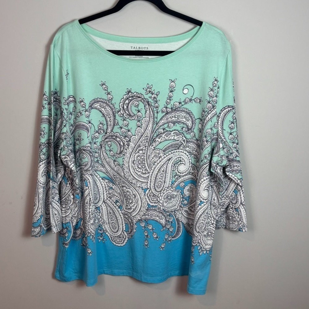 Talbots Womens Blue Green Paisley Cotton Blend 3/4 Sleeve Scoop Neck Tee sz 3X
